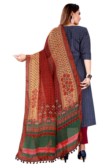 Maroon Color Kalamkari And Floral Printed Chiffon Dupatta With Tassels